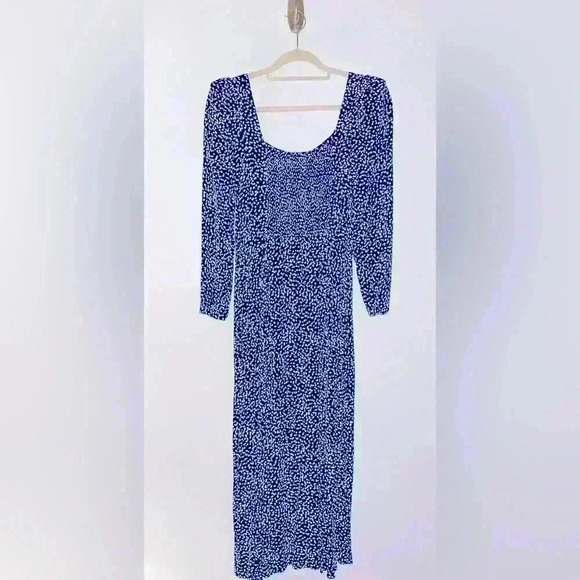 Structured 3/4 Sleeve Midi Dress, Blue polka dot pattern, leg slit, Worn Once - Picture 4 of 5
